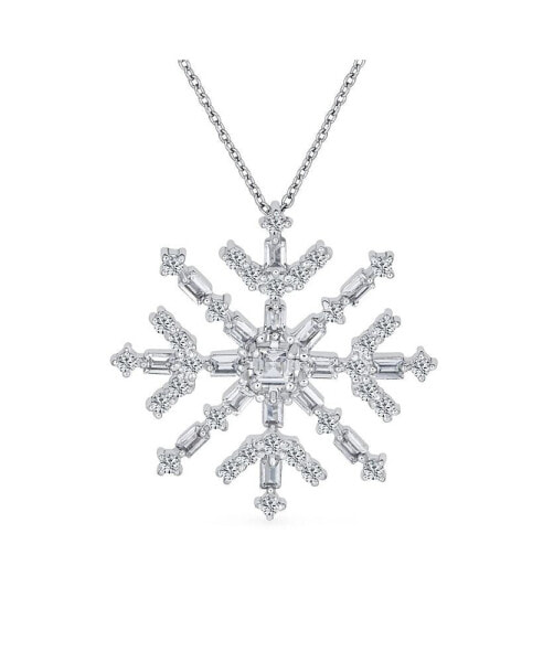 Holiday Party Cubic Zirconia Branch Solitaire CZ Accent Christmas Frozen Winter Large Sparkling Snowflake Necklace Pendant Sterling Silver
