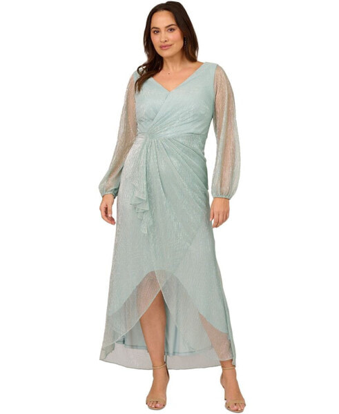 Plus Size Metallic Mesh Bishop-Sleeve Gown