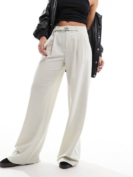 Stradivarius belted wide leg trouser in ecru