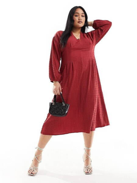 ASOS DESIGN Curve textured balloon sleeve midi dress in raspberry