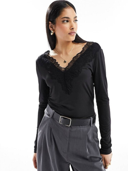 YAS v neck long sleeve top with lace detail in black - BLACK