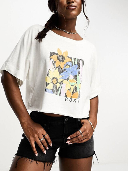 Roxy Tiki & Surf oversized crop t shirt in white 