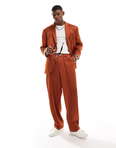 ASOS DESIGN pull on wide leg suit trousers in tobacco