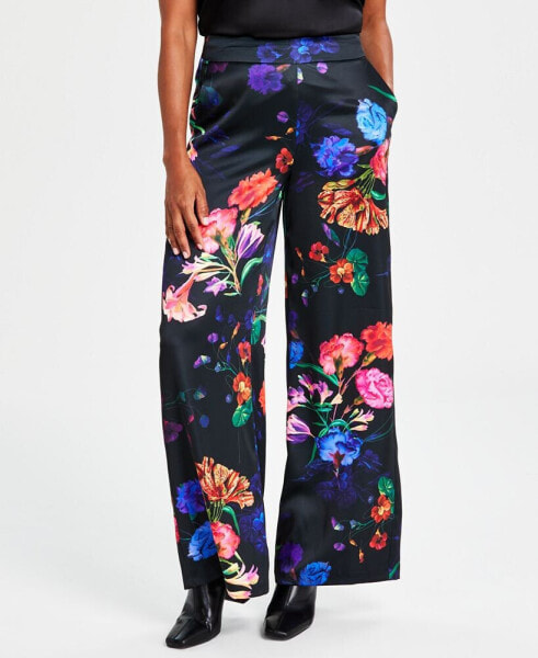 Women's Printed Wide-Leg Satin Pants, Created for Macy's