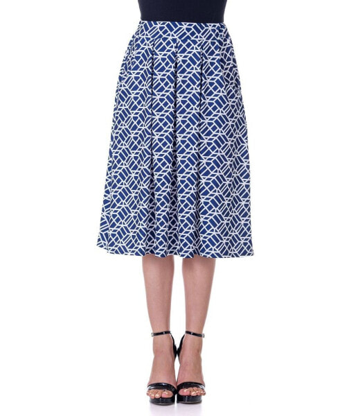 Navy Print Elastic Waist Pleated Knee Length Pocket Skirt