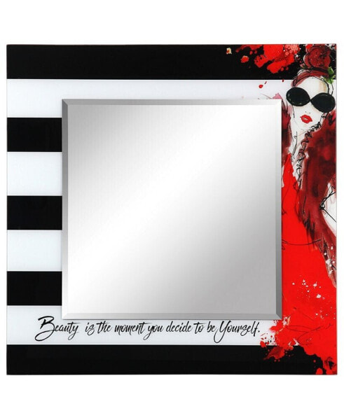 Fashion Square Beveled Wall Mirror on Free Floating Reverse Printed Tempered Art Glass, 36" x 36" x 0.4"