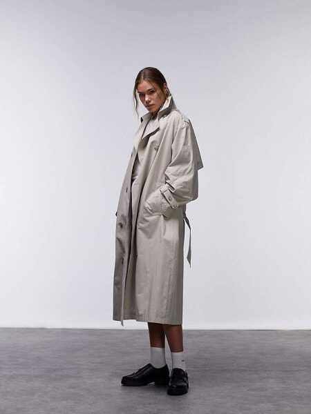 Topshop longline trench coat in stone