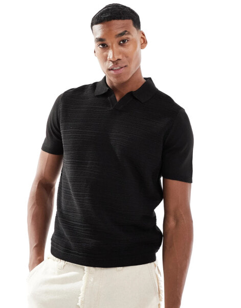 ASOS DESIGN lightweight knitted polo shirt with marl texture in black