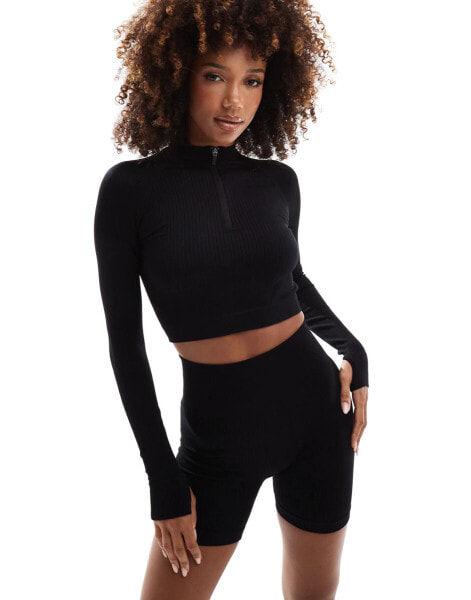 ASOS 4505 Icon seamless rib 1/4 zip long sleeve top in black