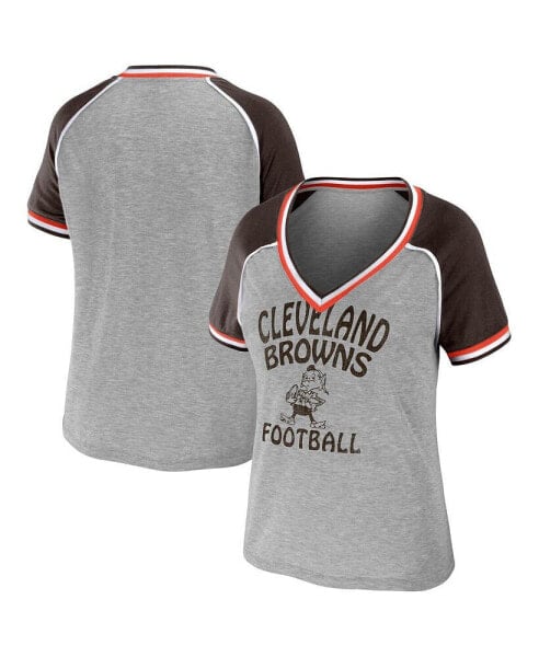 Women's Heather Gray Distressed Cleveland Browns Cropped Raglan Throwback V-Neck T-shirt