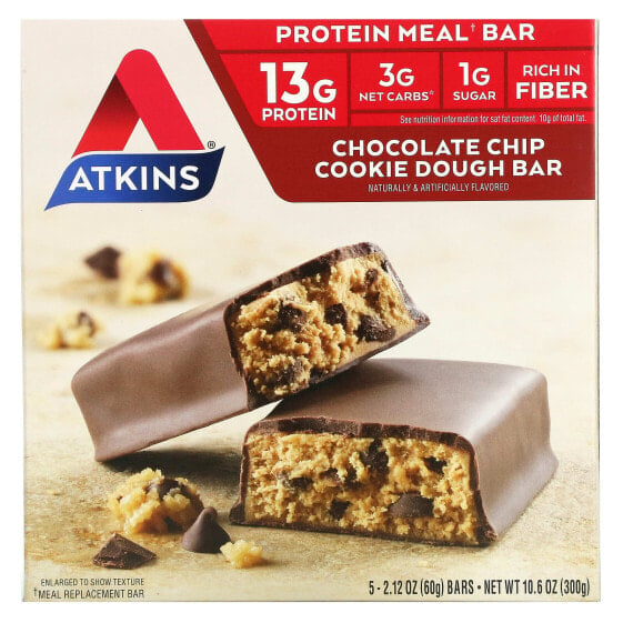 Atkins, протеиновый батончик для перекуса, со вкусом печенья с шоколадной крошкой, 5 штук по 60 г (2,12 унции)