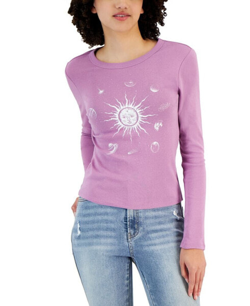 Juniors' Long-Sleeve Crewneck Sun Graphic T-Shirt