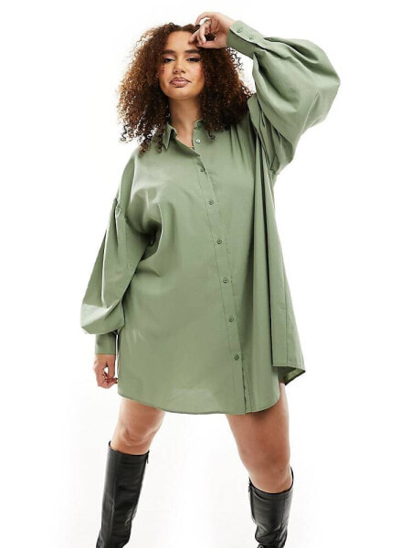 ASOS DESIGN Curve boyfriend shirt mini dress with blouson sleeve in olive