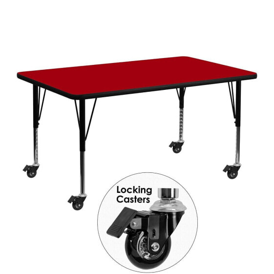 Mobile 24''W X 48''L Rectangular Red Thermal Laminate Activity Table - Height Adjustable Short Legs