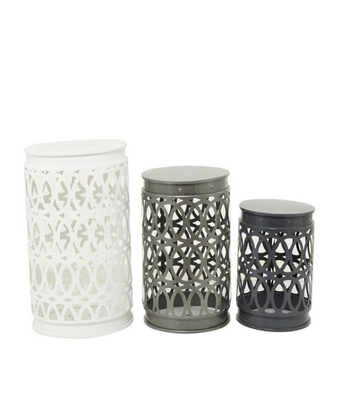 23", 19", 15" Metal Contemporary Geometric Accent Table with Laser Carved Trellis Design, Set of 3