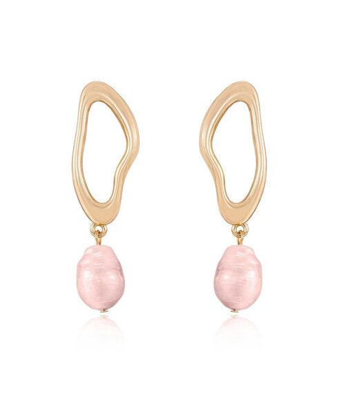 Open Circle 18k Gold Plated and Pink Freshwater Pearl Dangle Earrings
