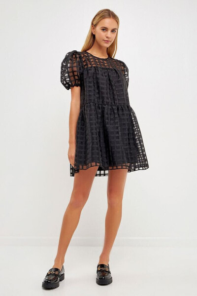 Women's Gridded Puff Sleeve Dress