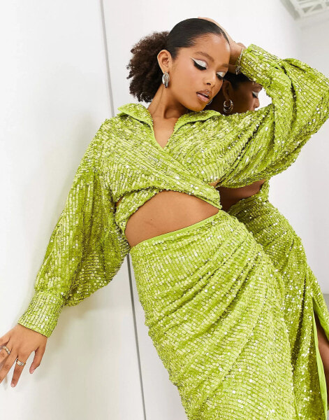 ASOS EDITION – Lockere Pailletten-Hemdbluse in Limettengrün mit gewickelter Vorderseite