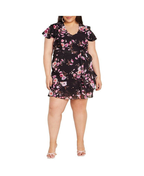 Plus Size Romantic Print Ruffle Mini Dress