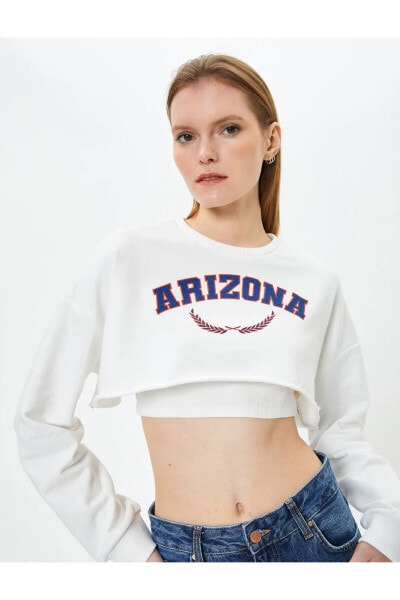 Crop Sweatshirt Baskılı Bisiklet Yaka Uzun Kollu