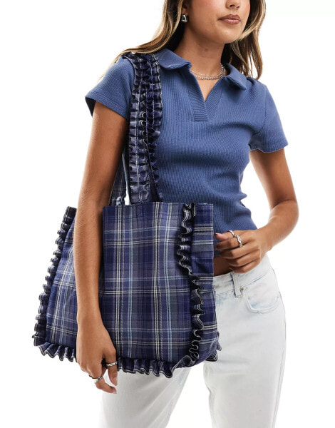 My Accessories frill tote bag in blue check