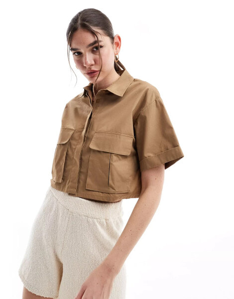 Pimkie cropped pocket detail shirt in camel