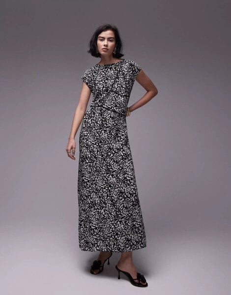 Topshop ladder trim column midi dress in mono animal print