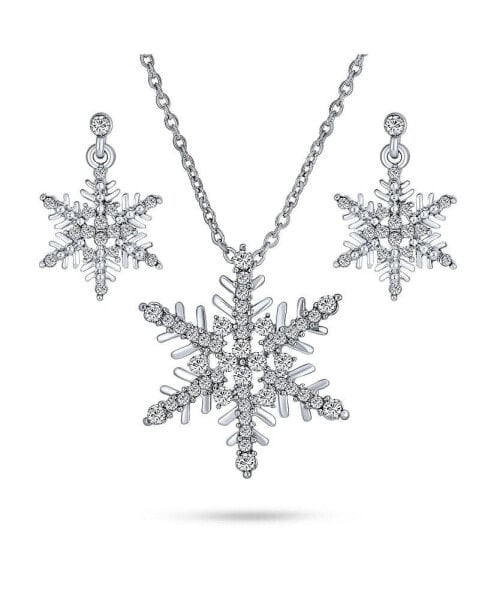 Holiday Party Frozen Winter Christmas Crystal White Snowflake Pendant Necklace Earring Jewelry Set For Women Silver Plated