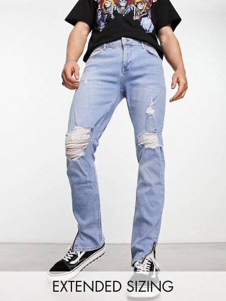 ASOS DESIGN skinny jeans with knee rips and zip detail in light blue 