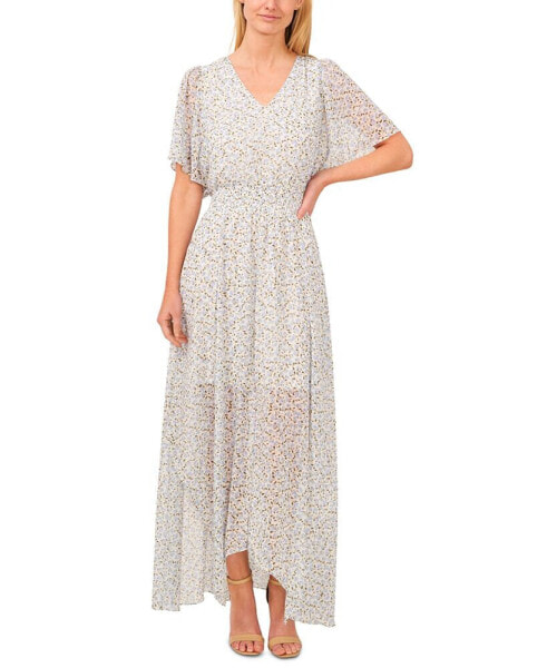 Women's Floral Print Flutter Sleeve Maxi Dress
