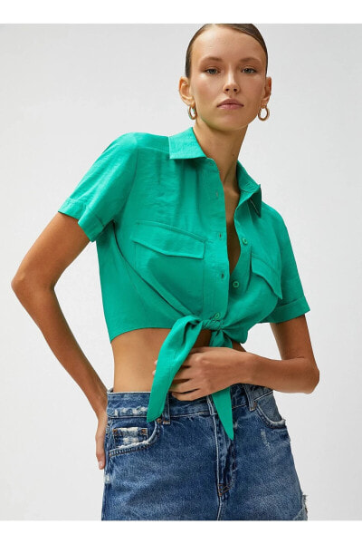 Standart Gömlek Yaka Düz Yeşil Kadın Gömlek 3sak60001ew