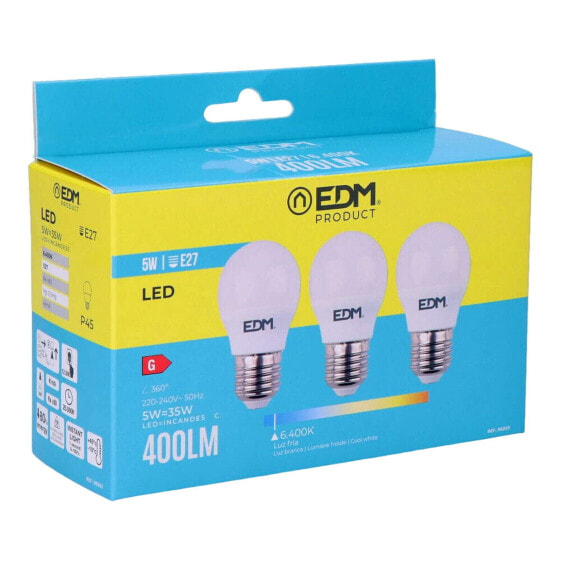 Лампа светодиодная EDM Pack of 3 G 5 W E27 400 lm Ø 4,5 x 8 см (6400 K)