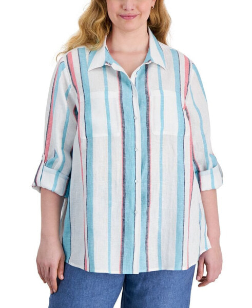 Plus Size Striped Linen Button-Front Shirt, Created for Macy's