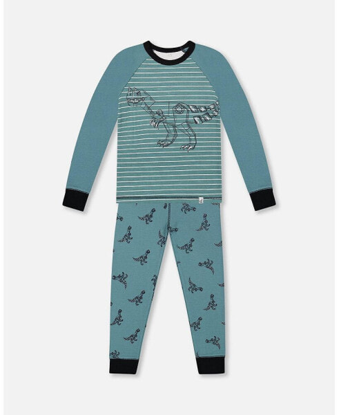 Boy Organic Cotton Long Sleeve Two Piece Pajama Set Teal With Mechanical Dinosaurs Print - Toddler Child