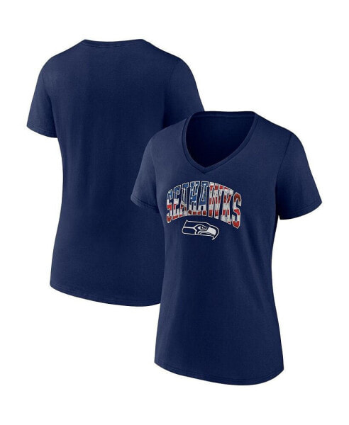 Women's College Navy Seattle Seahawks Team Banner Wave V-Neck T-shirt