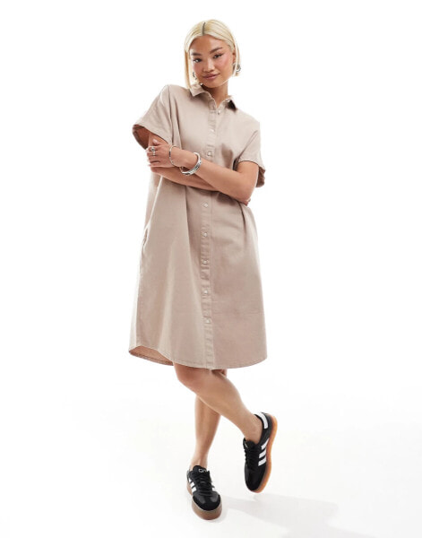 Monki denim midi shirt dress in beige