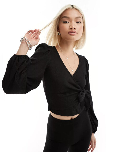 Monki tie detail wrap top in black