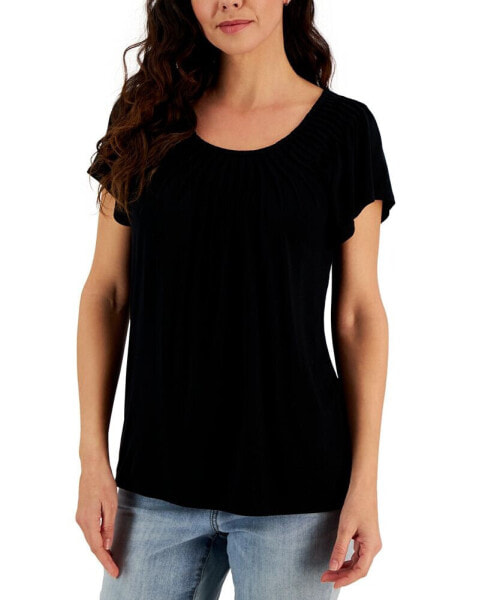 Petite Pleated Scoop-Neck Short-Sleeve Top, Created for Macy's