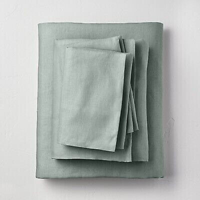 Full 100% Washed Linen Solid Sheet Set Sage Green - Casaluna