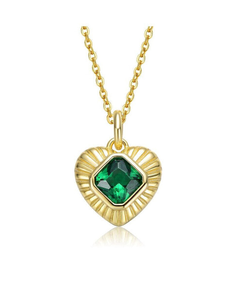 Sterling Silver 14k Yellow Gold Plated with Emerald Cubic Zirconia Sunray Heart Pendant Necklace