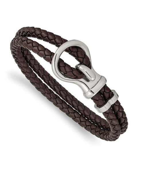 Stainless Steel Polished Brown Braided Leather Bracelet