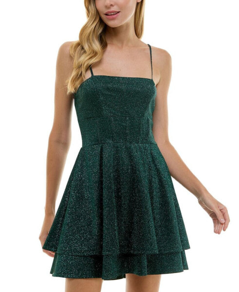 Juniors' Glitter Sleeveless Tiered Fit & Flare Dress