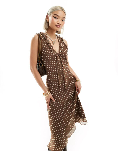 Reclaimed Vintage midi tea dress in brown spot print