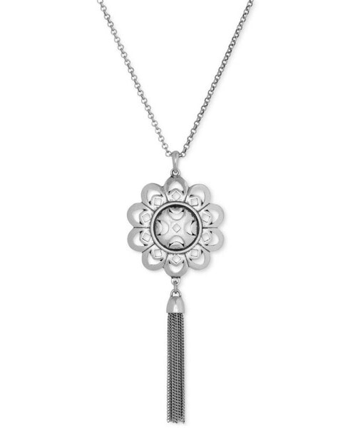 Silver-Tone Floral Tassel Long Length Pendant Necklace