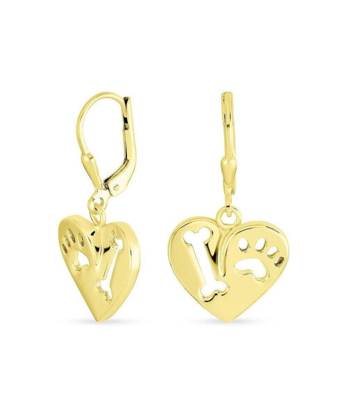 I Love My Dog Heart Shape Cut Out Puppy Pet Bone Animal Lover Paw Print Drop Dangle Lever back Earrings 14K Yellow Gold Plated Sterling Silver