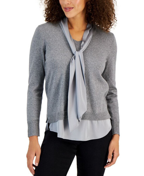 Petite Metallic Tie-Neck Layered-Look Sweater