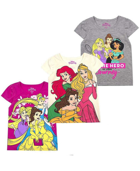 Little Boys and Girls Gray, Cream, Pink Disney Princess Graphic 3-Pack T-shirt Set