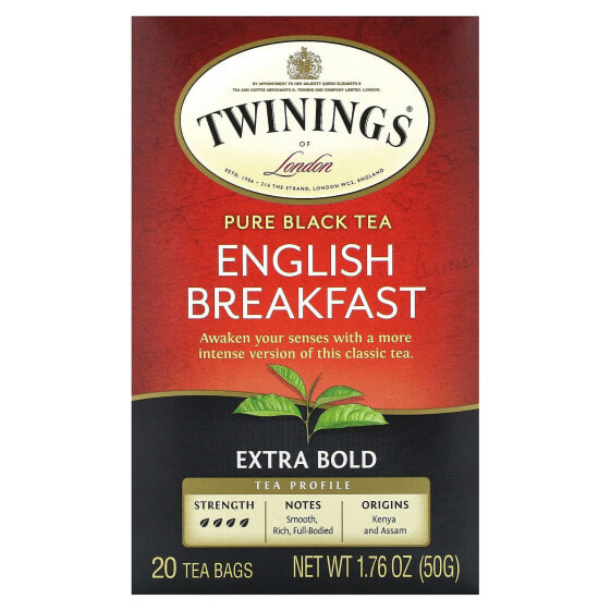 Pure Black Tea, English Breakfast, Extra Strong, 20 Tea Bags, 1.76 oz (50 g)