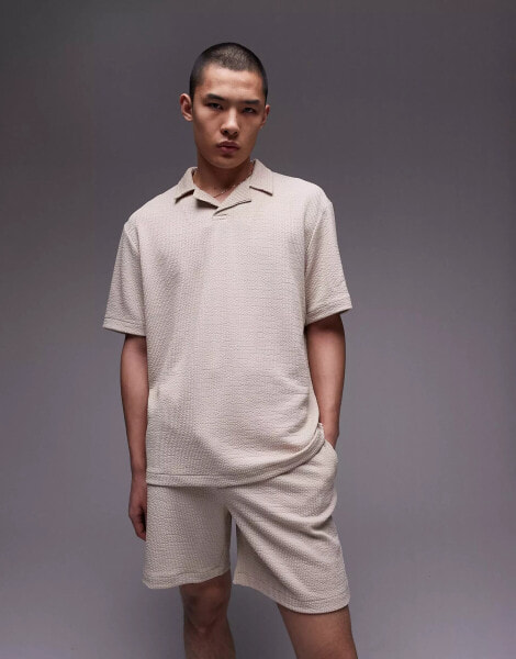 Topman oversized fit revere polo with crinkle plisse texture in stone