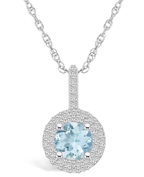 Aquamarine (1-1/4 Ct. T.W.) and Diamond (3/8 Ct. T.W.) Halo Pendant Necklace in 14K White Gold